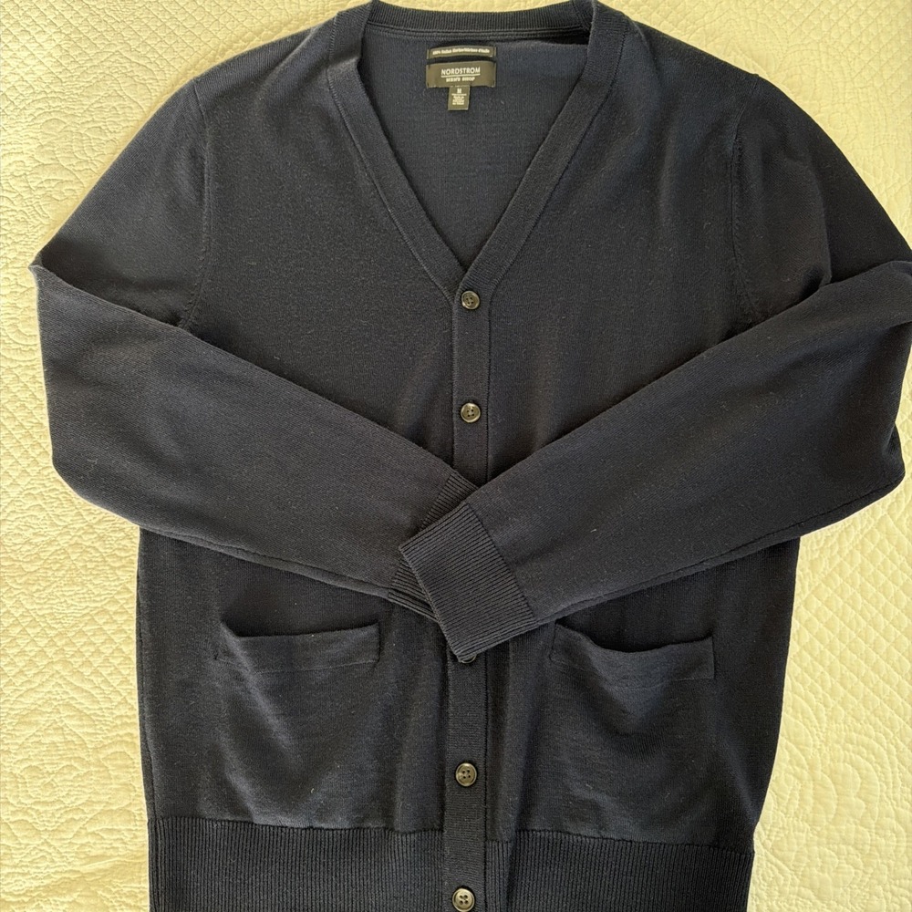 Nordstrom Mens Navy Blue 100% Italian Merino Wool Cardigan Sweater Sz M Academia